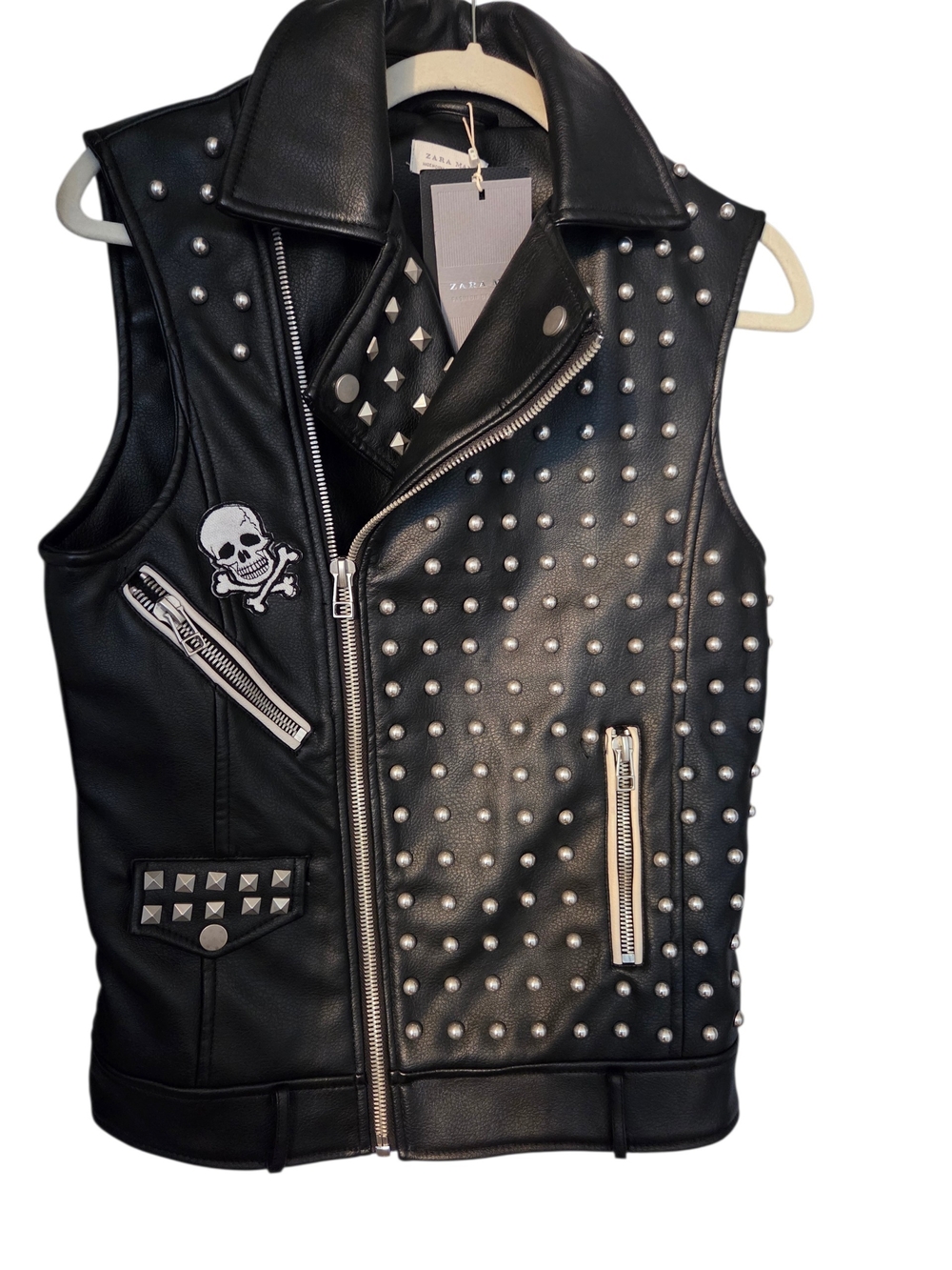 NWT Zara Black Studded Faux Leather Moto Vest with Skull Patch Small & Very Rare